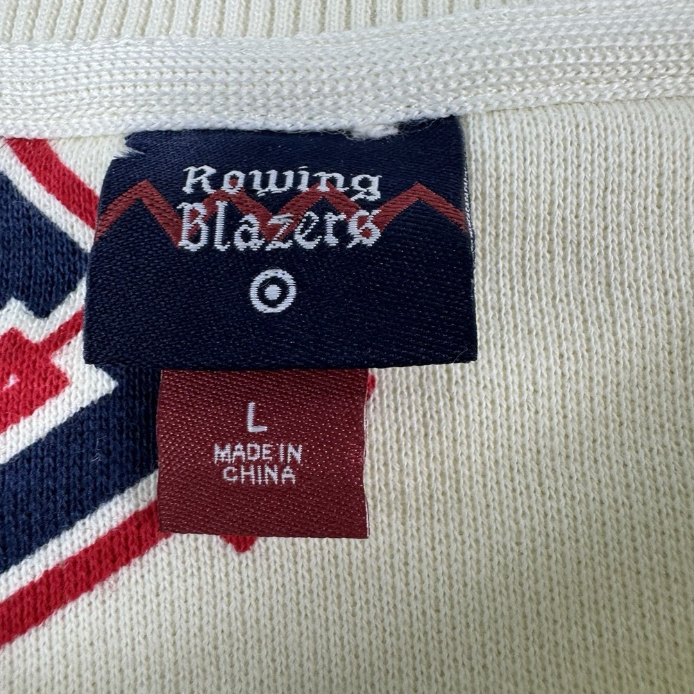 Rowing Blazers Cream Letterman AOP Cotton Blend Crewneck Sweater Mens L - Picture 3 of 5